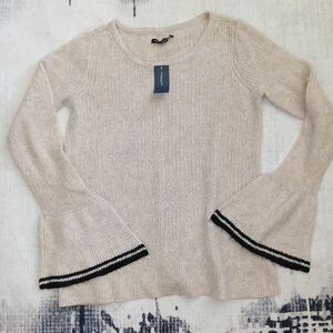 American Eagle Outfitters Cream Crewneck Bell-Sleeve Sweater with Black Trim